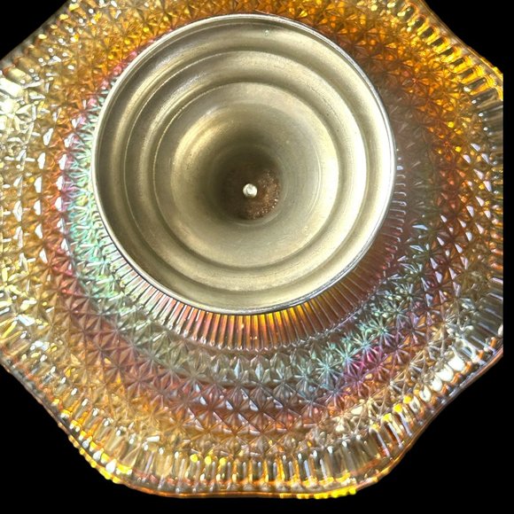 VINTAGE MARIGOLD CARNIVAL GLASS 8.25" BOWL ON METAL STAND - Picture 10 of 12